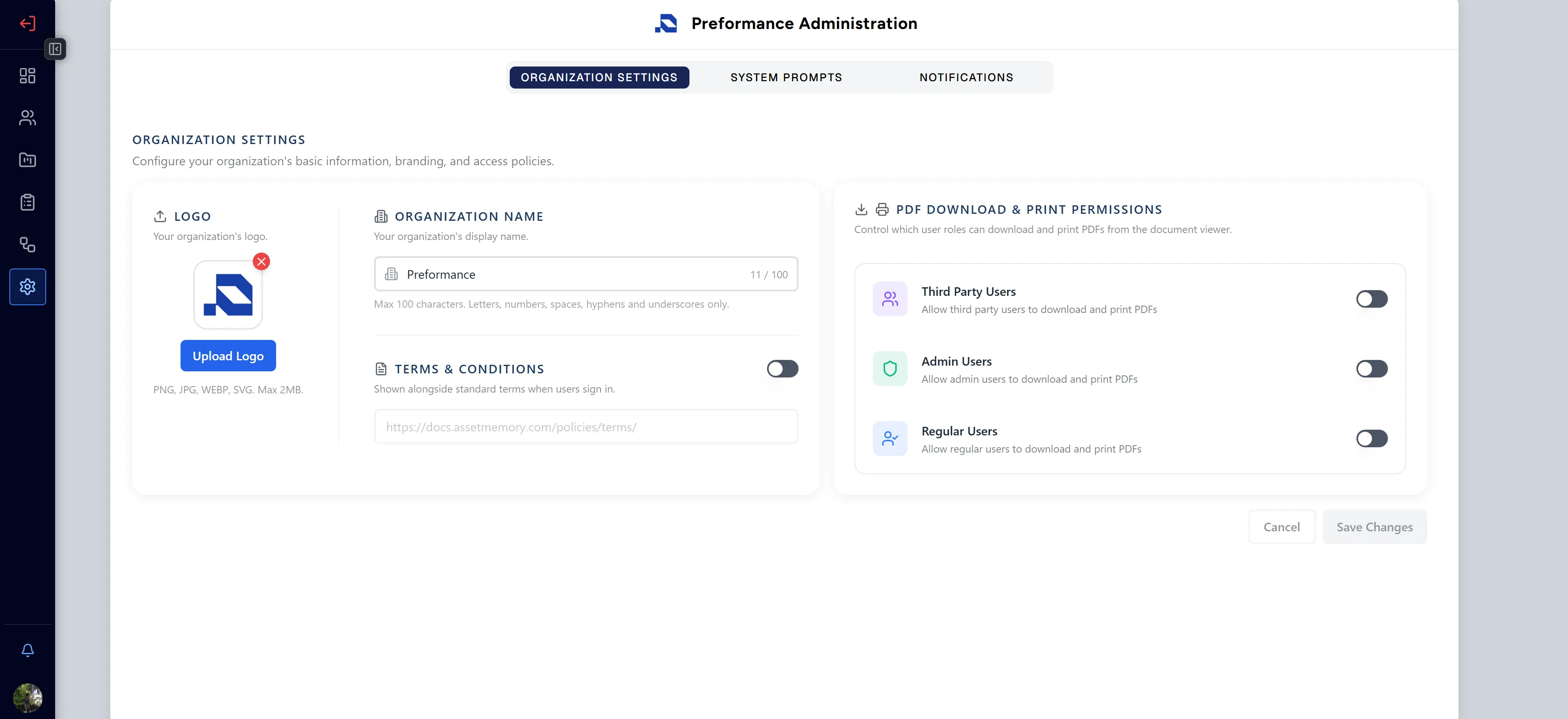 Organization Settings Interface